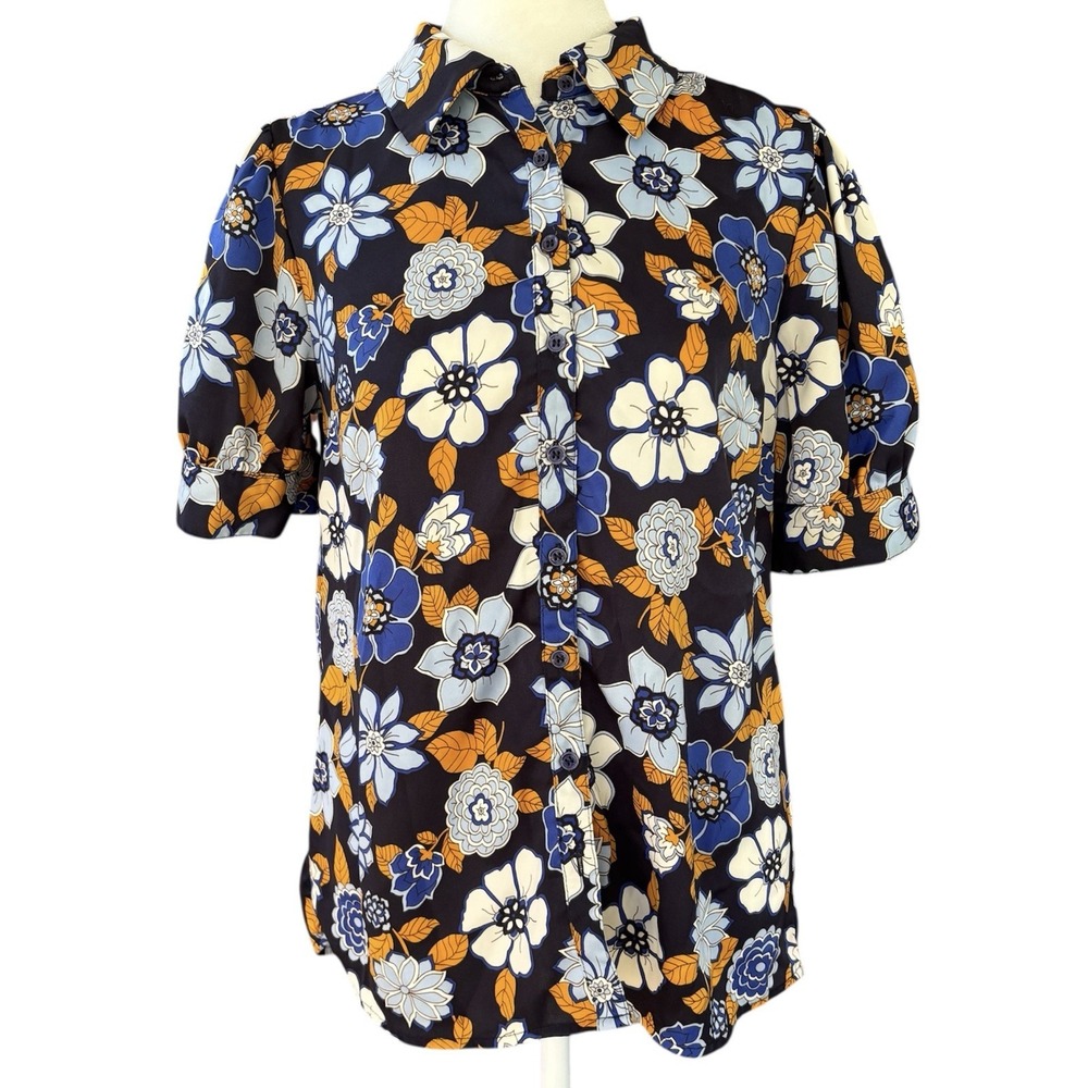 Modcloth Blue Yellow Tropical Floral Button Up Top Women's S Short Cuff Sleeves